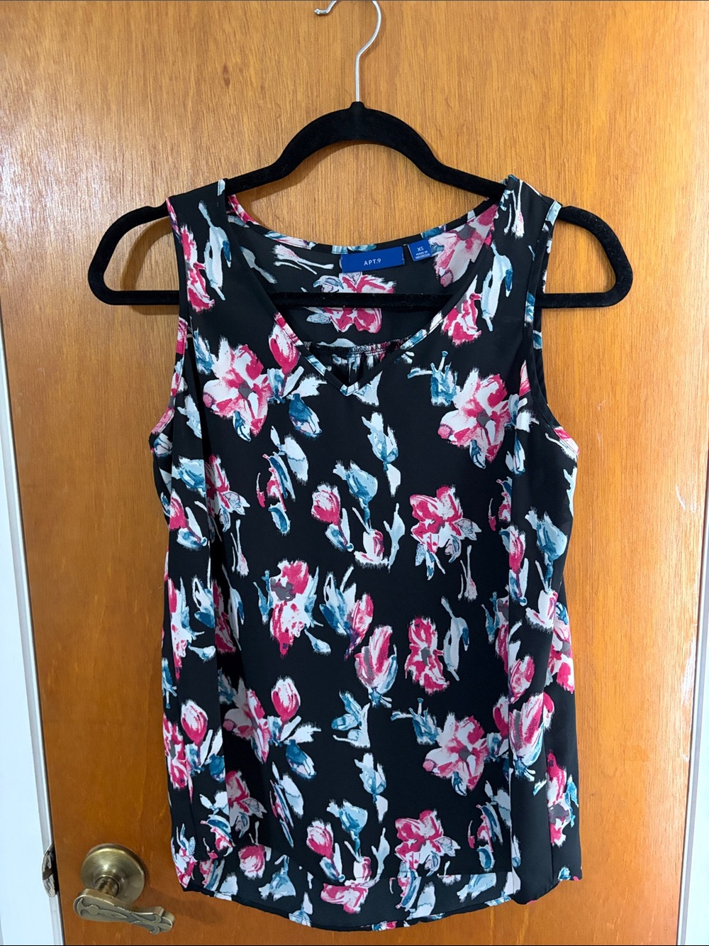 Apt. 9 Black Floral Sleeveless Camisole with Pink and Blue Blooms